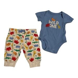 Little Me Baby Boy 3m Blue 'Wild One' Bodysuit and Animal Print Pants Set EUC